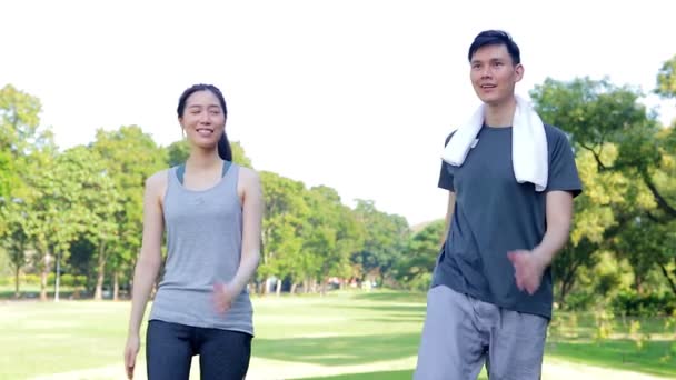 Couple Asiatique Mâle Femelle Exercice Dans Parc Extérieur Matin Ils — Video