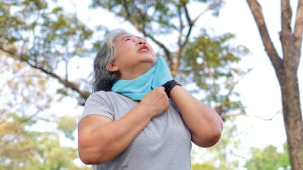 Asiatique Femme Âgée Exercice Dans Parc Matin Elle Sourit Heureux — Video