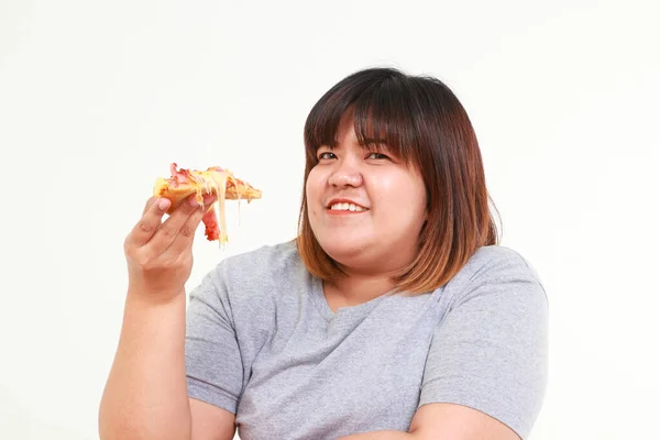 Wanita Asia Gemuk Yang Memegang Pizza Dia Senang Makan Konsep — Stok Foto