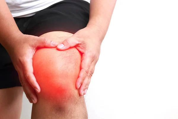 Fat Man Wearing White Shirt Put His Hands His Knees — Stock Photo, Image