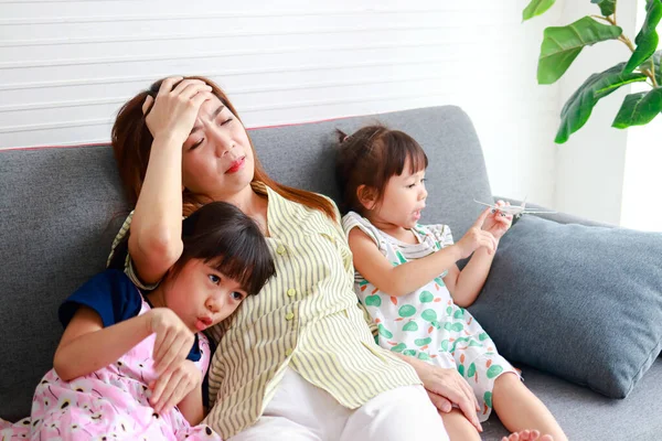 Asian Single Mom Headache Raising Two Mischievous Little Children Three — Stock Photo, Image