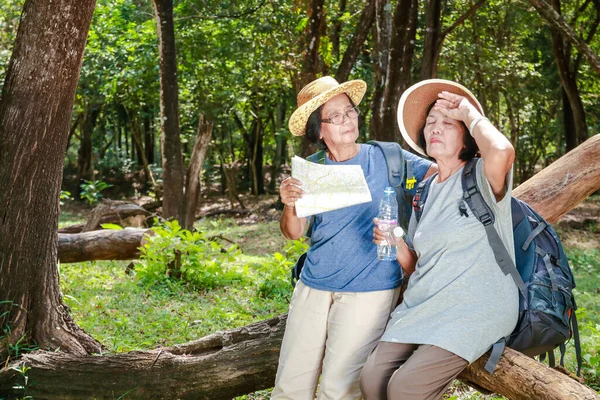 两名年长的亚洲妇女徒步旅行时感到疲惫和炎热 老年退休旅游的概念 保健和运动 复制空间 — 图库照片