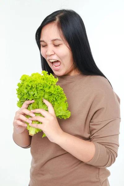 Fat Asian Woman Eating Lettuce Lose Weight Concept Eating Healthy — Stock Photo, Image