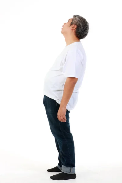 Fat Asian Man Wearing White Shirt Standing White Background Felt —  Fotos de Stock