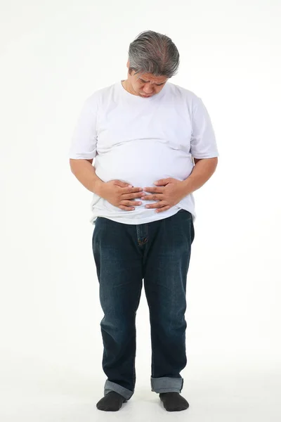 Fat Asian Man White Shirt Stood Holding His Belly Felt —  Fotos de Stock