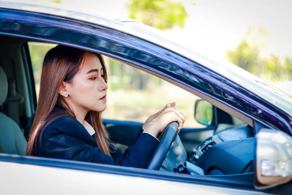 Asian Businesswoman Sitting Car She Tired Driving Traffic Jams Rush —  Fotos de Stock