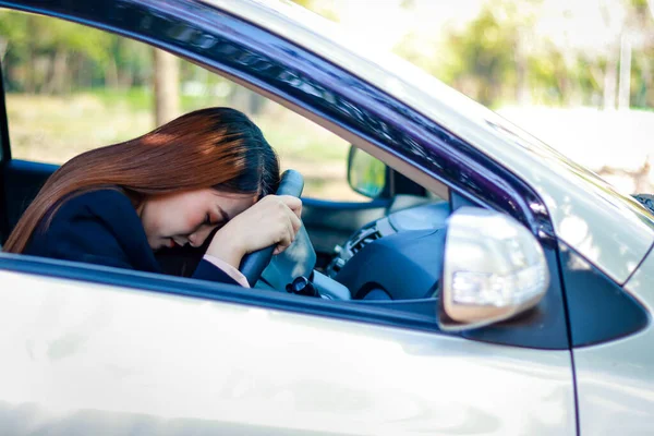Asian Businesswoman Sitting Car She Tired Driving Traffic Jams Rush —  Fotos de Stock