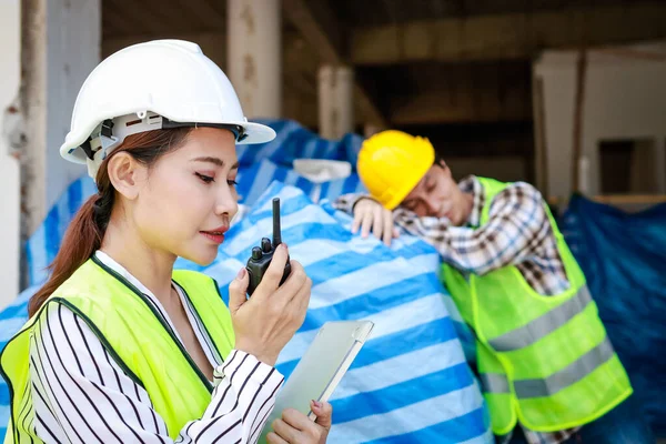Engineer Woman Holding Radio Report Work Construction Worker Sleeping Job —  Fotos de Stock