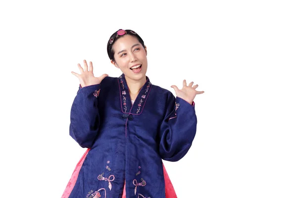 Güzel Mavi Pembe Bir Hanbok Giyen Güzel Bir Koreli Kadın — Stok fotoğraf