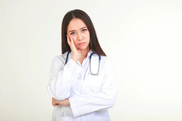 Portrait Asian Female Doctor Feeling Stress Work White Background Health — Stockfoto