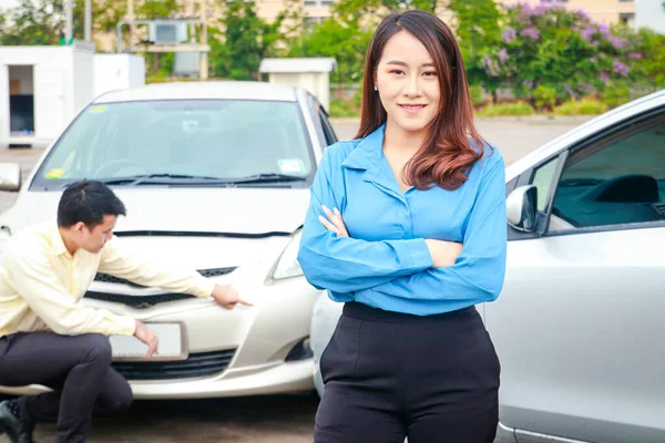 Auto Insurance Concept Woman Working Office Driving Accident Standing Smiling —  Fotos de Stock