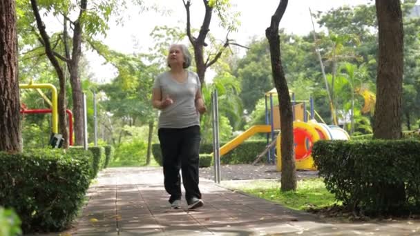 Oudere Vrouw Wandelen Oefeningen Het Park Ochtend Fijne Glimlach Gezondheidszorgconcepten — Stockvideo