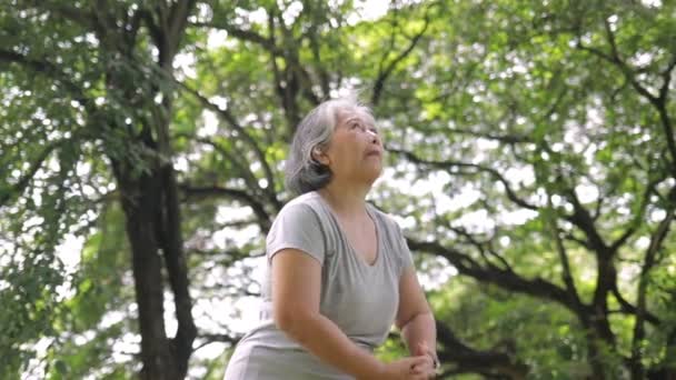 Anciana Ejercitándose Parque Feliz Sonrisa Concepto Asistencia Sanitaria Las Personas — Vídeo de stock