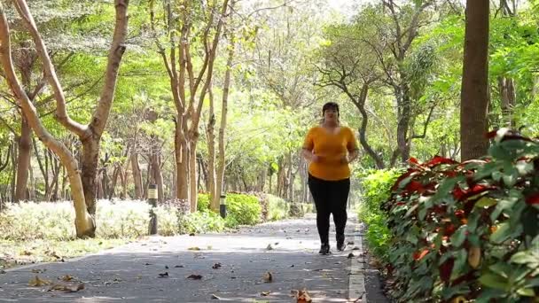 早上在公园里穿着黄色上衣慢跑的亚洲胖女人 减肥运动的概念有利于肥胖人群的健康 复制空间 — 图库视频影像