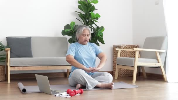 Asian Elderly Woman Sitting Home Exercising Doing Exercises According Online — Wideo stockowe