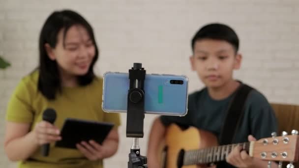 Mother Son Sang Played Music Together Recorded Videos Smartphones Online — Stock Video