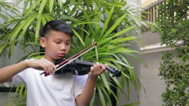 Asian Boy Plays Classical Instrument Violin His Home Garden Music — Vídeo de Stock