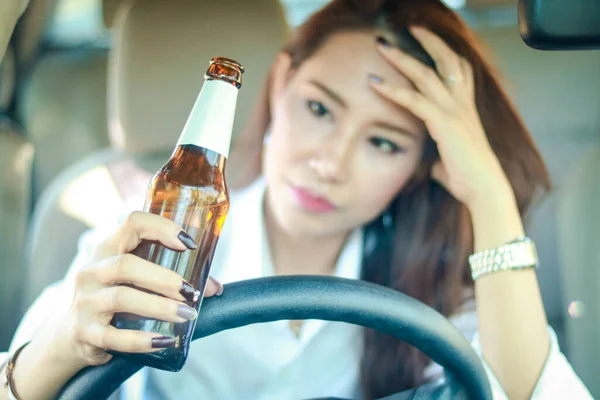 Woman Drinking Alcohol Private Car Risk Driving Accident Transportation Concept — Stock Fotó