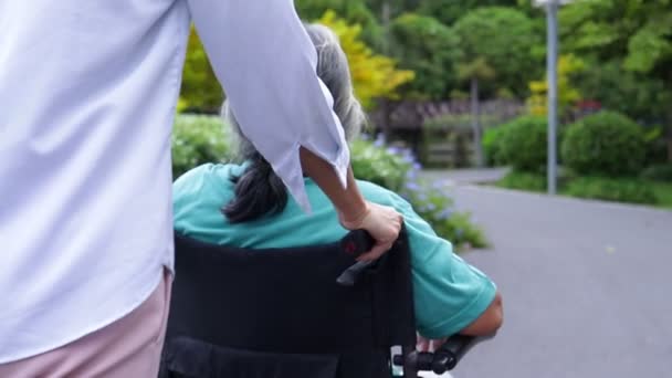 Дочь Заботится Пожилой Матери Сидящей Инвалидном Кресле Прогуляйтесь Дышите Свежим — стоковое видео
