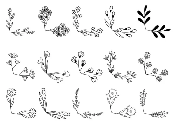 Hand Drawn Flower Corner Borders Fancy Page Decoration Laurel Design — 스톡 벡터