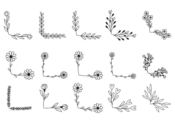 Hand Drawn Flower Corner Borders Fancy Page Decoration Laurel Design — Vector de stock