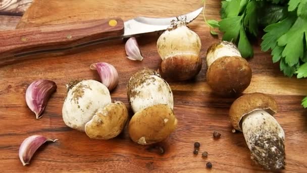 切菜板上的波尔多蘑菇 — 图库视频影像