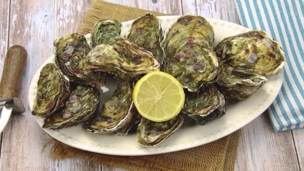 Schaal Van Oesters Gesloten Een Tafel — Stockvideo