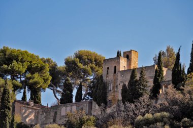 Mavi gökyüzü ve yeşil ağaçları olan ortaçağ şatosu