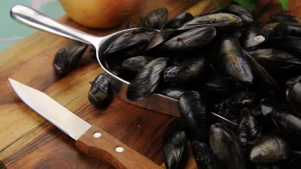 Mucchio Cozze Crude Primo Piano — Video Stock