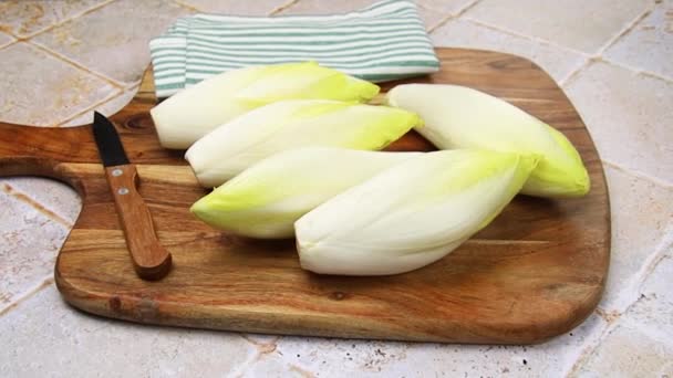 Several Raw Endives Wooden Table — Stock Video