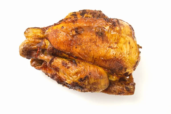 Närbild Läckra Hela Grillad Kyckling Isolerad Vit Bakgrund — Stockfoto