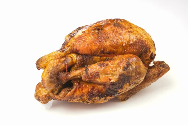 Närbild Läckra Hela Grillad Kyckling Isolerad Vit Bakgrund — Stockfoto