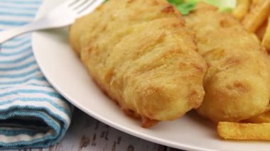 Balık ve patates kızartması, marul, sos ve maydanoz.