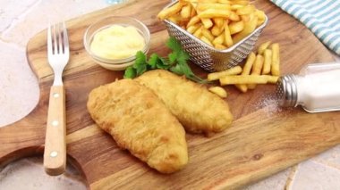 Tahtada balık ve patates, tuz, sos ve maydanoz. 