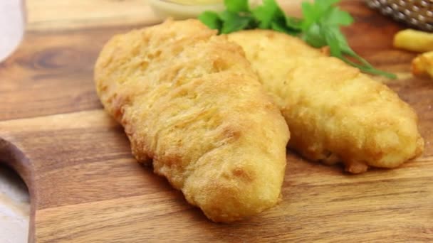 Fish Chips Salt Sauce Parsley Wooden Board — Stock Video