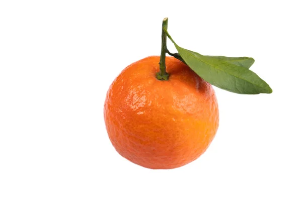 Een Clementine Met Bladeren Close Een Witte Achtergrond — Stockfoto