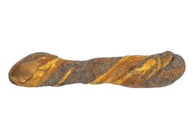 Kahverengi ekmek beyaz arka planda izole edilmiş. Üst görünüm, düz görünüm, metin için kopyalama alanı