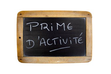 beyaz arkaplanda izole edilmiş yazı Prime D 'Activite (Fransızca) ile yazı tahtası