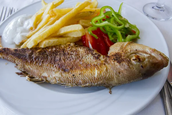 Peixe Grelhado Com Legumes Frescos Batatas Fritas — Fotografia de Stock