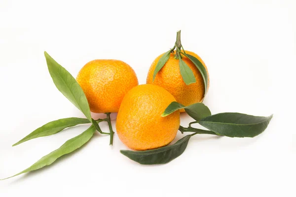 Frische Reife Mandarinen Mit Blättern Auf Weißem Hintergrund — Stockfoto
