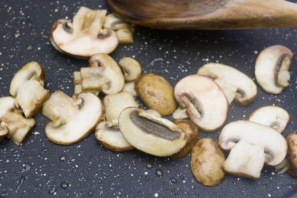 Cogumelos Champignon Ato Fritar Óleo — Fotografia de Stock