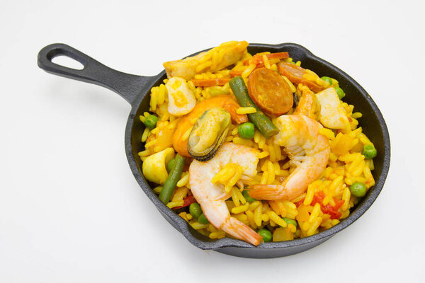 paella pan with sausage and seafood