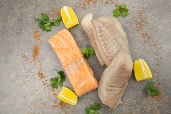 Salmon Steak Raw Coalfish Fillet Gray Background Lemons — Stock Photo, Image