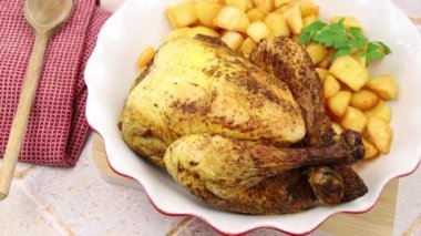 Lezzetli ızgara tavuk ve fırında patates manzarası. 