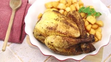 Lezzetli ızgara tavuk ve fırında patates manzarası. 