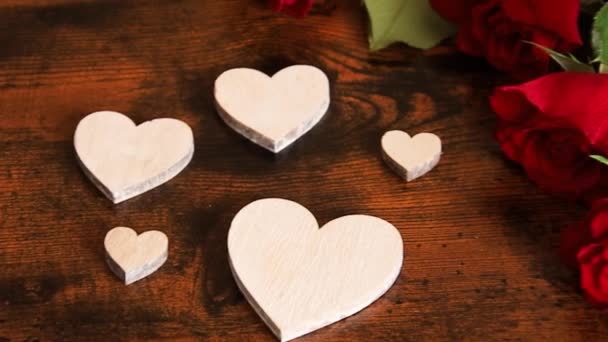 Several Red Roses Heart Decorations Wooden Background — Stock Video