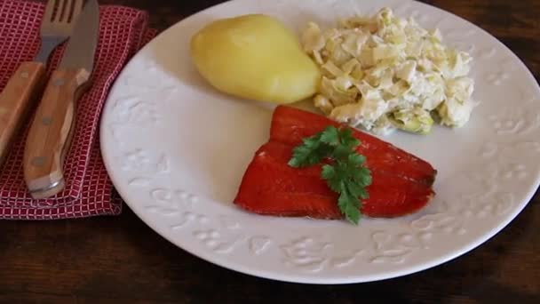 Saumon Avec Poireau Crème Pomme Terre Dans Une Assiette Blanche — Video