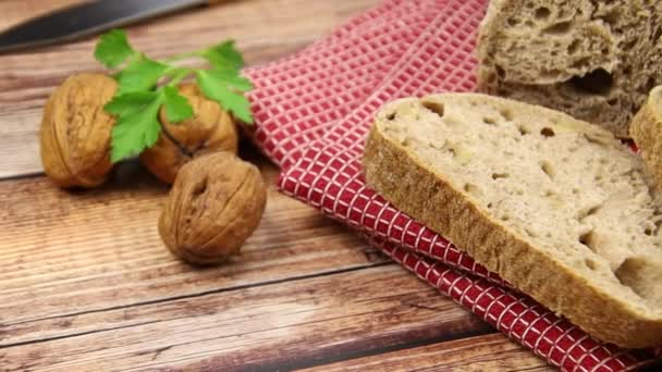 Nut Bread Sliced Wooden Board — Stock Video