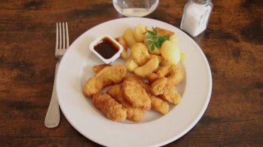 Soslu kızarmış tavuk ve patates kızartması. 