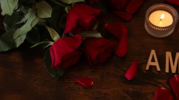 Valentine Day Background Burning Candles Rose Petals Amour Lettering — Stock Video